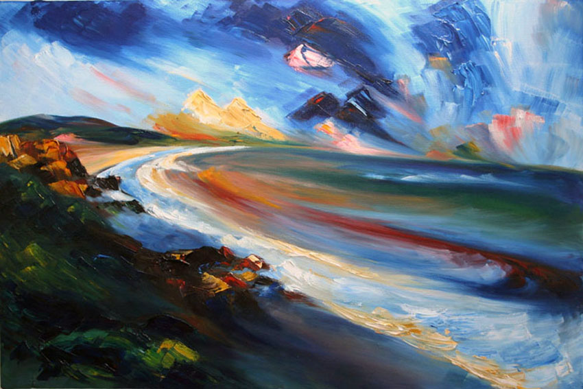 Clifftop - colourful seascape painting of Ballymoney beach and Tara Hill, Co Wexford in oil paint